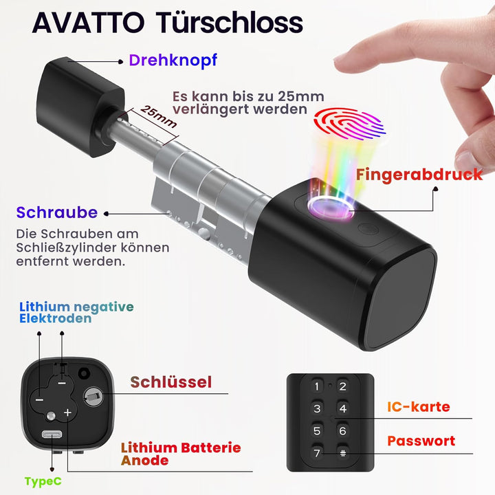 AVATTO Smart Türschloss mit Fingerabdruck und Passwort für 60-90mm Tür, Schliesszilinder Länge ist e