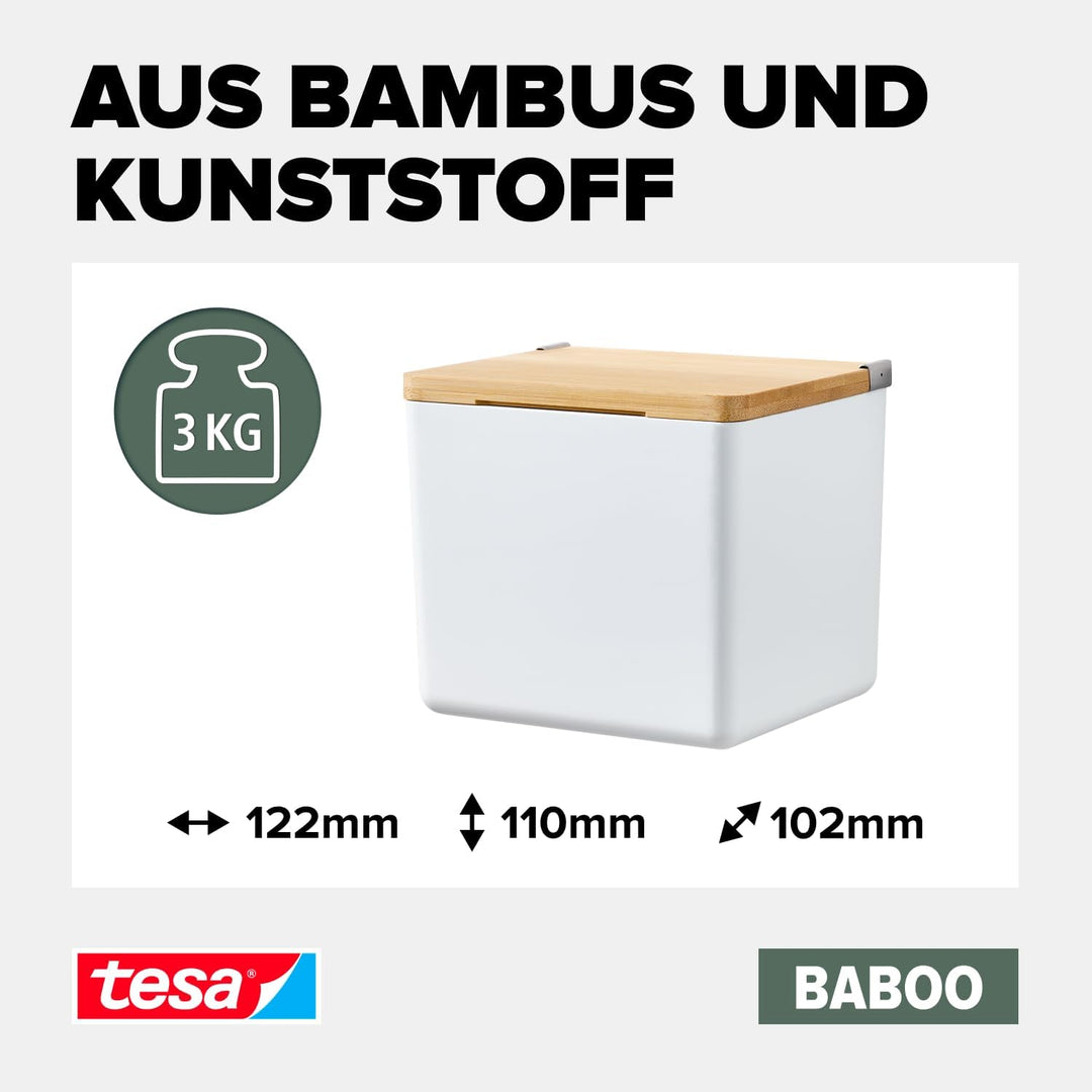 tesa Baboo Badorganizer S mit Bambus-Deckel, matt-weiss - Bad-Aufbewahrungsbox zur Wandmontage ohne
