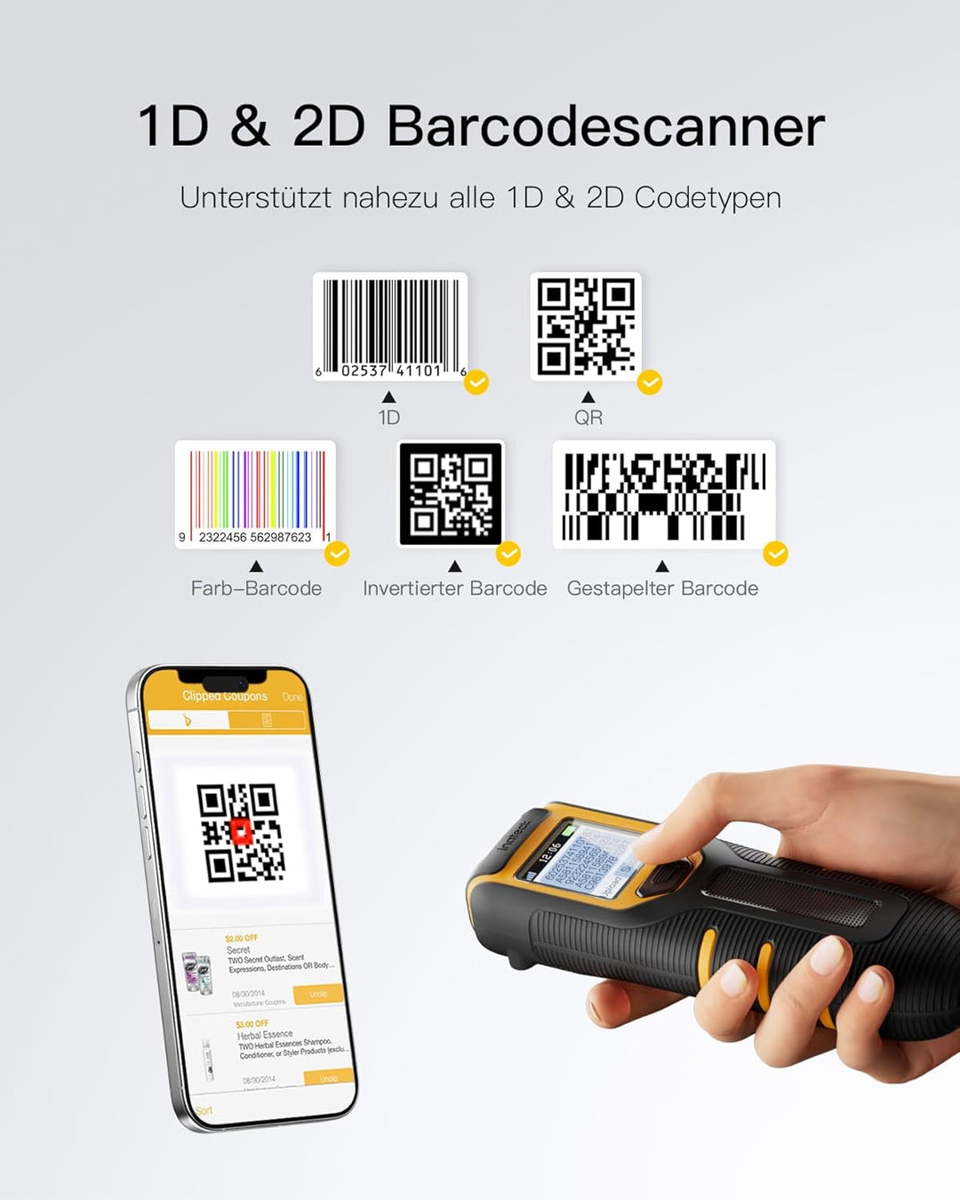 Inateck Barcode Scanner Bluetooth Kleine, 1D 2D QR Code Scanner Kabellos mit Bildschirm für Inventar