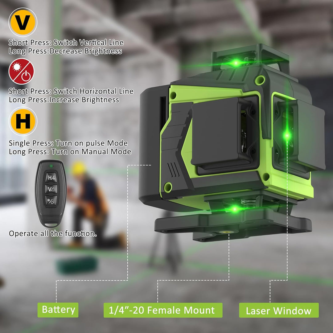 4 x 360 ° Laser Wasserwaage, Kreuzlinienlaser Grün 16 Linien Nivellierlaser Selbstnivellierenden, Li