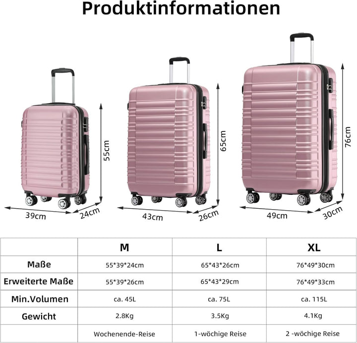BEIBYE Hartschalen Koffer Trolley Rollkoffer Reisekoffer Zwillingsrollen Kofferset (Rosa, Set) Rosa