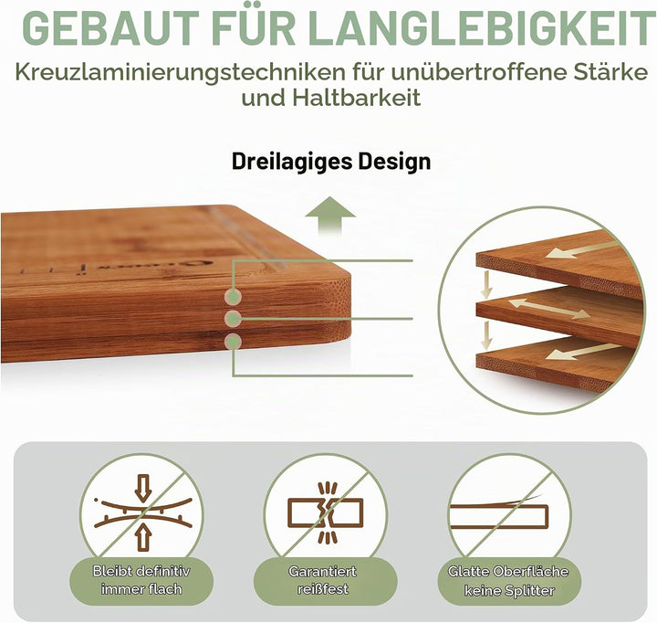 Bambus Schneidebrett-Set mit Halter – 3 Stück (Gross 40x30, Mittel 33x26, Klein 26x18 cm) – Carbonis