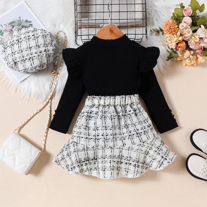 Kleinkind Baby Mädchen Kleidung Langarm Gerippte Oberteile Plaid Tweed Muster Rock Baskenmütze Herbs