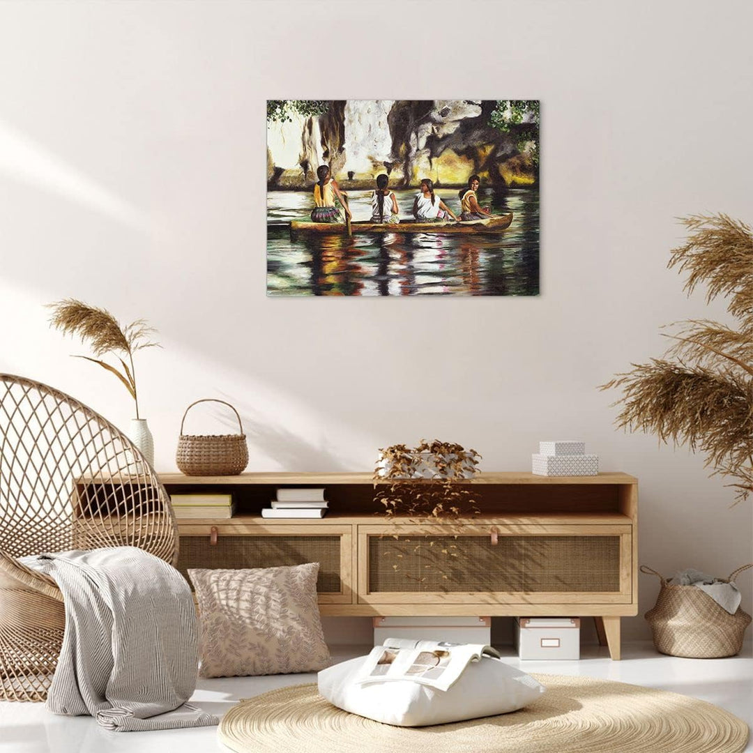 Bilder auf Leinwand Frau Wasser Boot Leinwandbild mit Rahmen 70x50cm Wandbilder Dekoration Wohnzimme