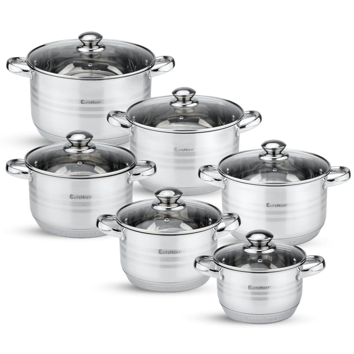 EliteHoff Topfset Induktion 12-teilig Edelstahl, Kochtopf Set mit Glasdeckel, 7-lagiger Edelstahl To