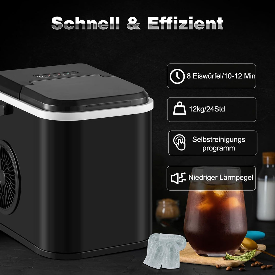 WOLTU Eiswürfelmaschine Eiswürfelbereiter, 12kg/24hrs, 1 Liter Wassertank, Selbstreinigungsfunktion,