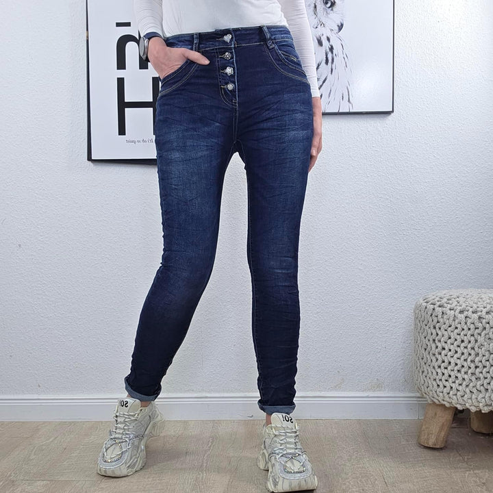 Jewelly Stretch Jeans| im Baggy Boyfriend Schnitt| Damen Hose mit dekorativer Knopfleiste| Perfekter