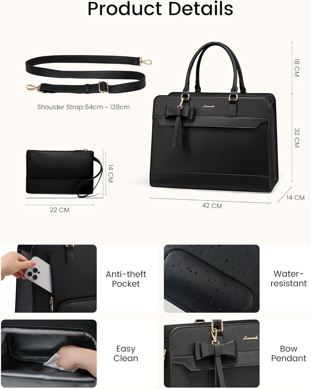 LOVEVOOK Arbeitstasche Damen mit Isolierted Kühlfach, 15,6 Zoll Laptoptasche PU Leder Handtasche, Gr