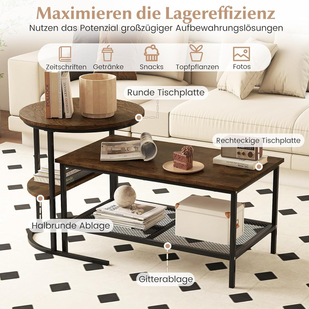 COSTWAY 2er Set Couchtisch, Beistelltisch Marmor Optik mit Metallrahmen & Ablage, Kaffeetisch Wohnzi