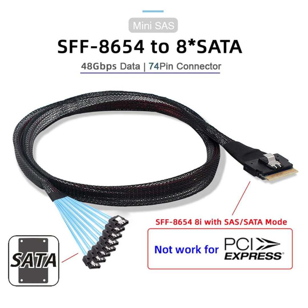 chenyang SlimSAS Host/RAID zu SATA Zielkabel, Slim SAS 4.0 SFF-8654 8i 74Pin 1 zu 8 SATA 7Pin Raid C