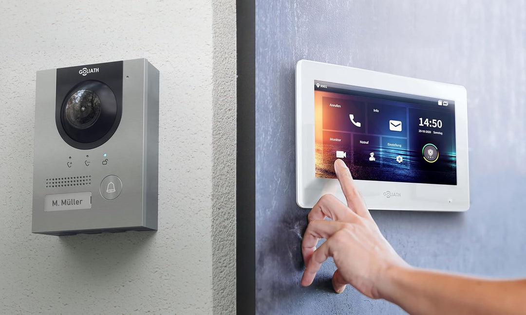 GOLIATH Full-HD Video Türsprechanlage, Aufputz Türstation in Silber, 1 Familienhaus Set, Touchscreen