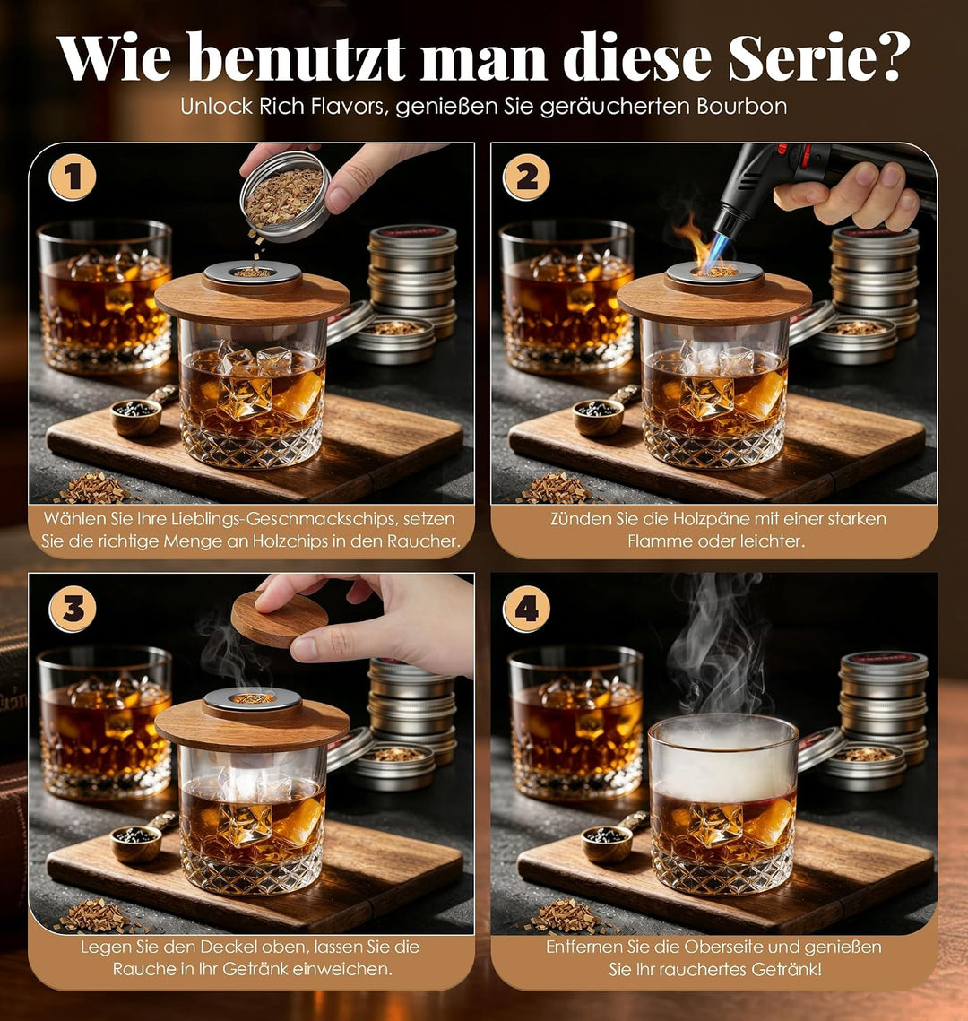 Whisky Räucher Set mit Sturmfeuerzeug, 2 Edelstahlfiltern &amp; 4 Geschmack-Holzspäne, Hochwertiges Sape