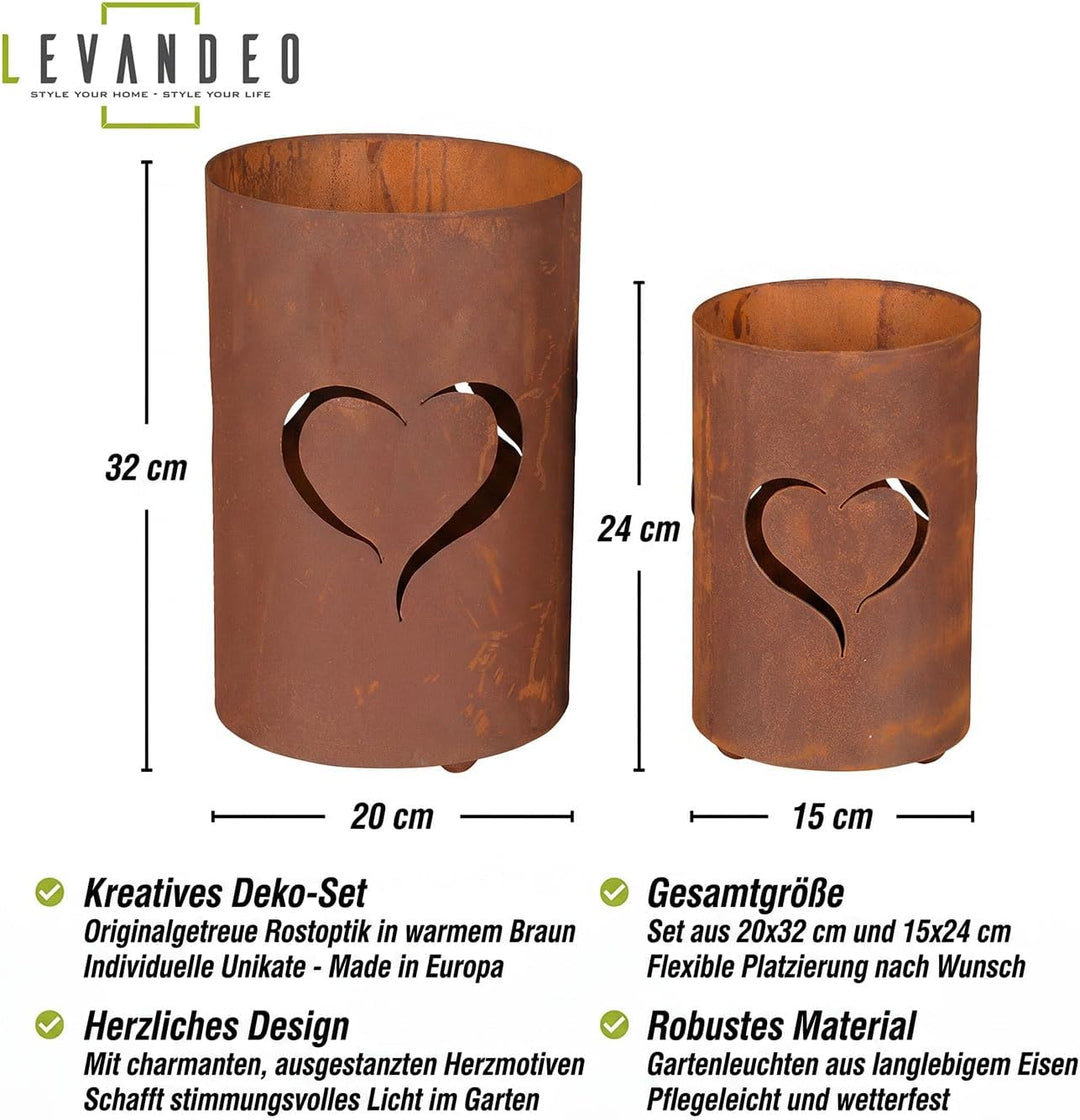 2er Set Windlicht Herz Laterne H32cm/H24cm Gartenleuchte Rost Gartendeko Rostdeko Edelrost Deko Vari