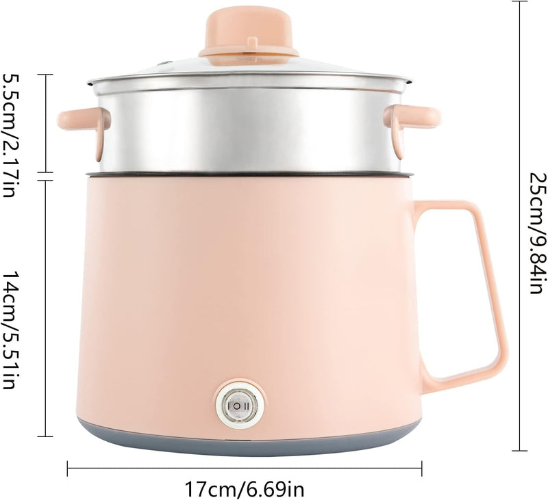 Elektrische Hot Pot und Dampfgarer,1.7L Tragbare Mini Antihaft Multikocher, Schneller Ramen Kocher,