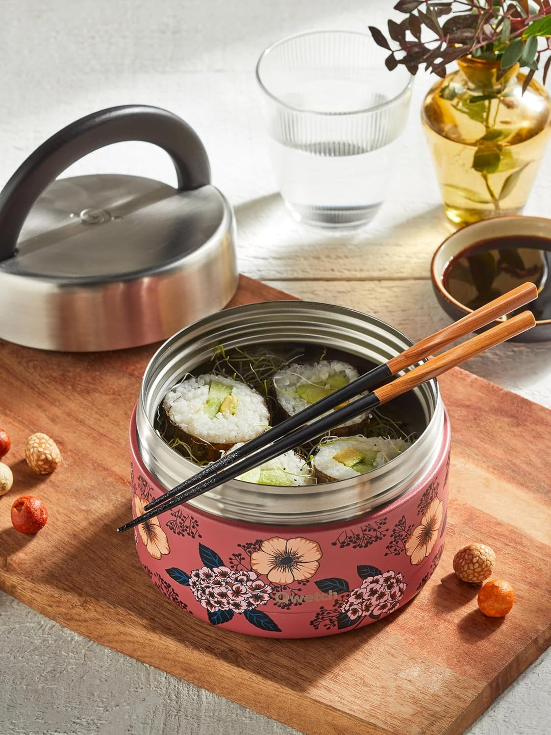 QWETCH - Thermobehälter für Essen mit Griff - 650ml Anemonen - Lunchbox Edelstahl Isotherm - 5h Heis