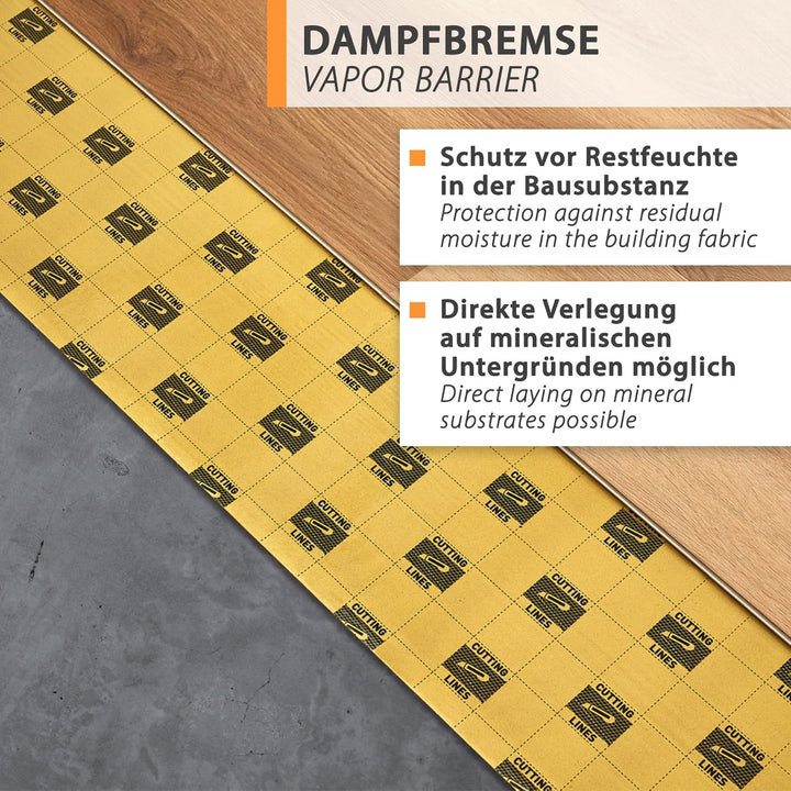 20m² Heizfilm-Unterlage Trittschalldämmung 1,5mm für Vinyl-Bodenbeläge, elastische Designbeläge mit