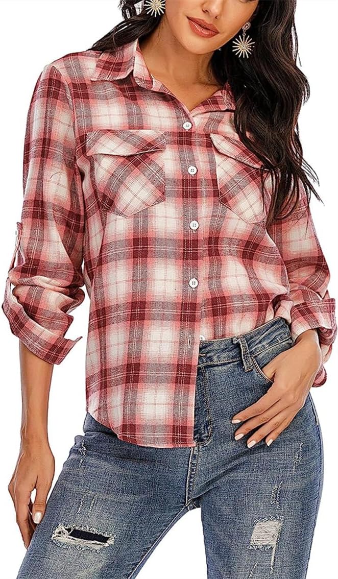 Yukiuiny Damen Karierte Bluse 100% Baumwolle Langarm Weiches Flanellhemd Casual Button-down Holzfäll