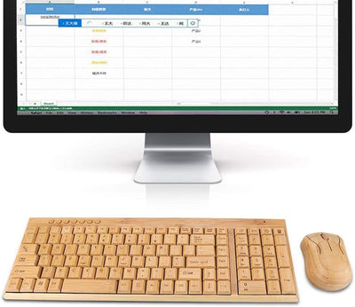 ASHATA Wireless Tastatur Maus Set, Bambus Ultra Dünne Kabellos Tastatur und Maus Kits,1600 DPI Maus