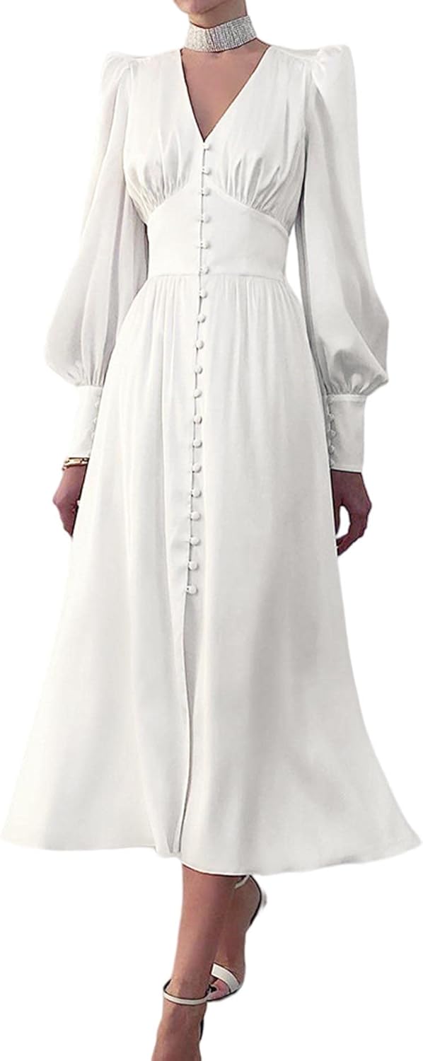 xxxiticat Damen Langarm Satin Maxikleid Lange Laternenärmel Knopfleiste Rüschen Einreihig Vintage Pu