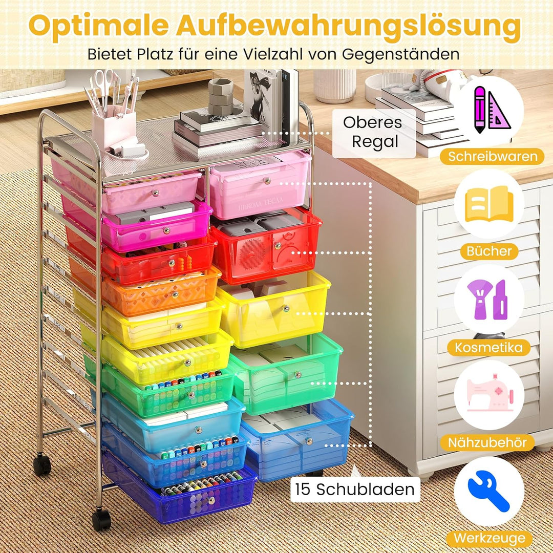 COSTWAY Rollwagen mit 15 stapelbaren Schubladen, Schubladenwagen Rollcontainer mit Metallgestell & A