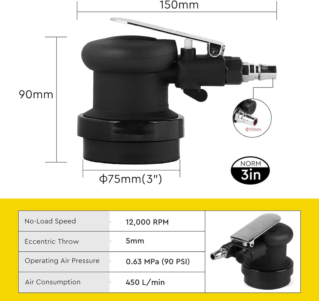 Druckluft Exzenterschleifer 75mm, Leerlaufdrehzahl 12000RPM, Exzenterhub 5 mm, Mini Druckluftschleif