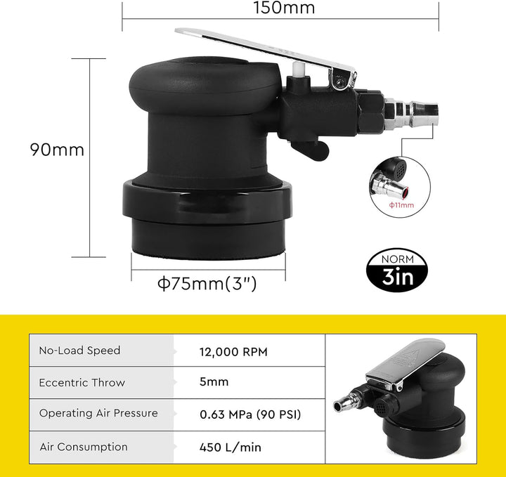 Druckluft Exzenterschleifer 75mm, Leerlaufdrehzahl 12000RPM, Exzenterhub 5 mm, Mini Druckluftschleif