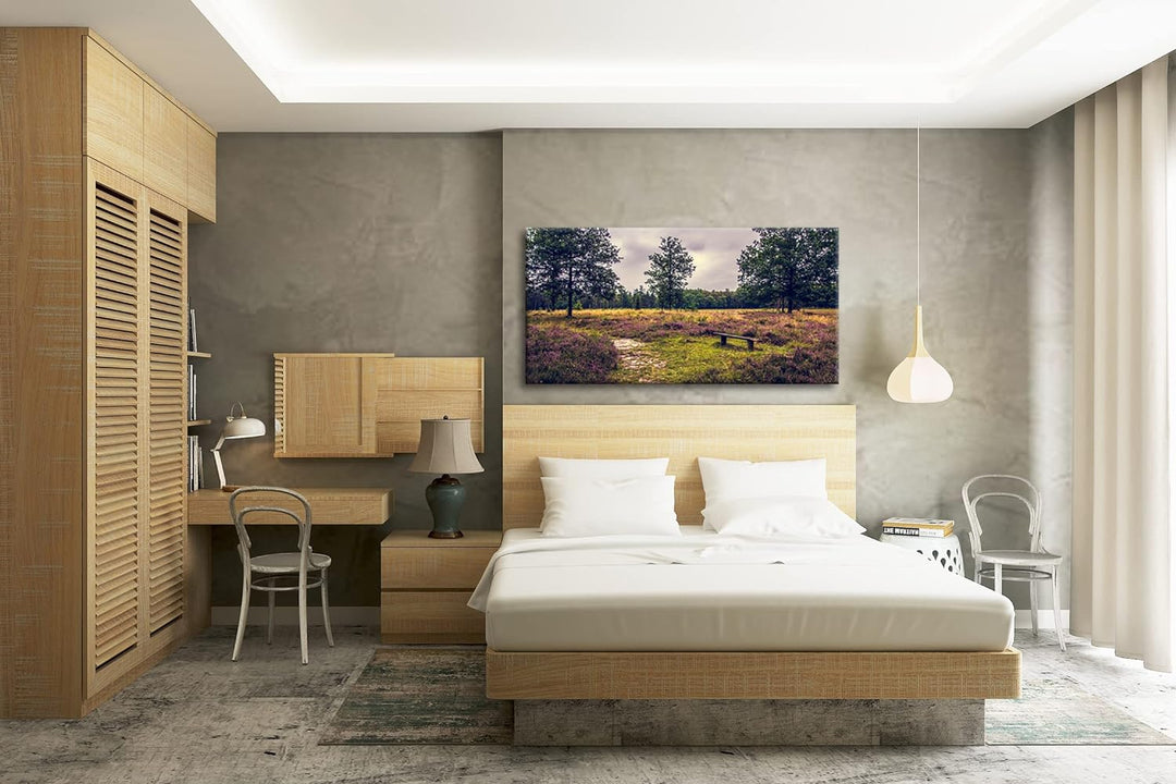 einsame Bank im Wald Panorama 60x30 cm als Leinwandbild, Motiv fertig gerahmt auf Echtholzrahmen, Ho