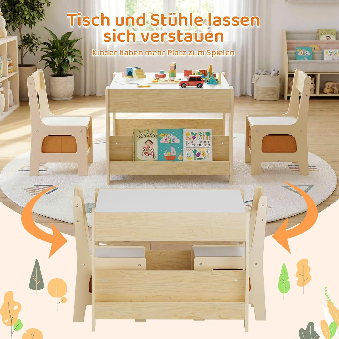 MAMIZO Kindertisch mit 2 PCS Stühlen, 3 in 1 Kinder Tisch Stuhl Set, Kindermöbel Set aus Holz mit St