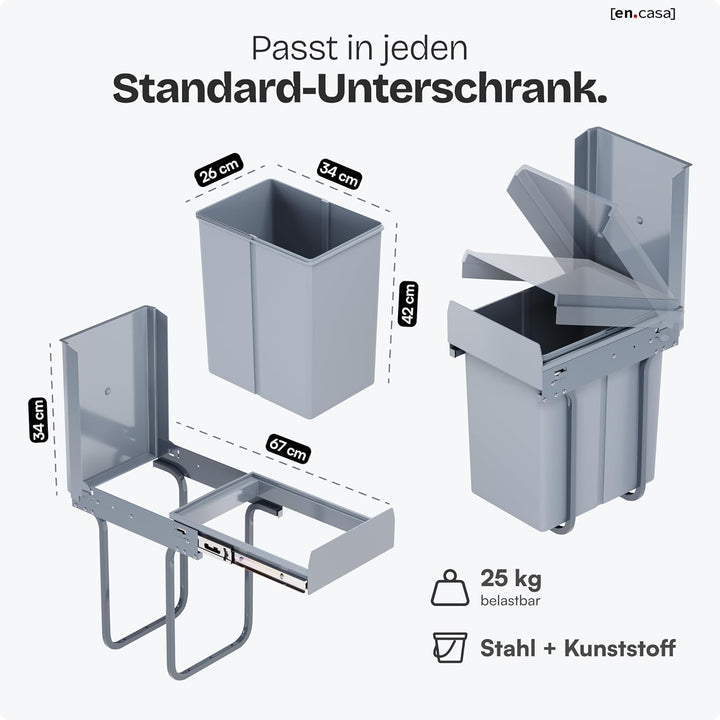 [en.casa] Einbaumülleimer Froland Mülleimer 1 Fach Mülltrennsystem ausziehbar Abfalleimer Küche 1x20
