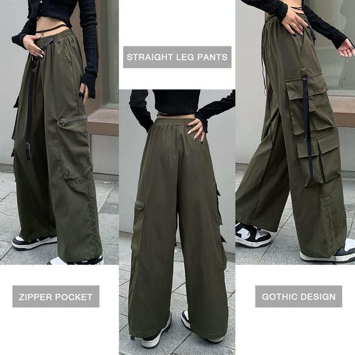 Hewlshawn Damen Cargohose Baggy High Waist Gotisch Y2k Straight Streetwear Elastische Taille mit Kor
