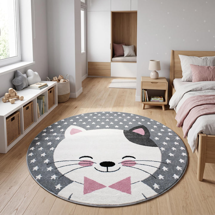 HomebyHome Runder Kinderteppich Katze Ø120 cm Niedliches Tiermotiv in Rosa Weich &amp; Perfekt fürs Spie