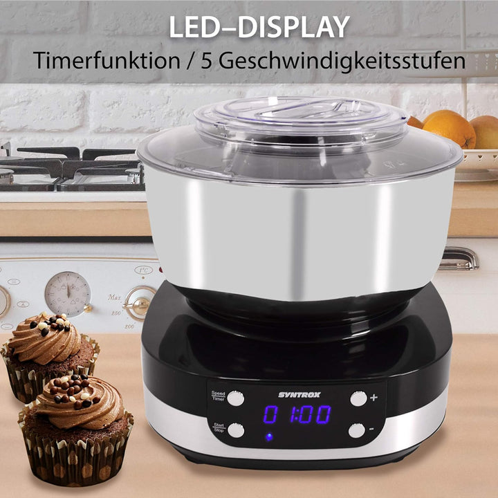 Syntrox Germany KM-800W BLACK Küchenmaschine Knetmaschine Mixer, Edelstahl-Behälter, 5 Liter