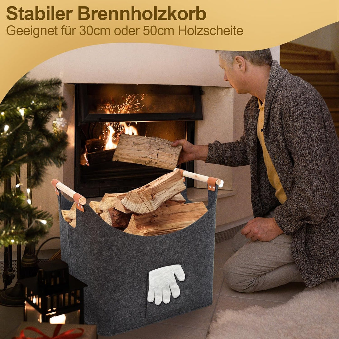 FINEW Holzkorb für Kaminholz 2er Set, Kaminholzkorb mit Handschuhen, Faltbarer Filztaschen aus Filz,
