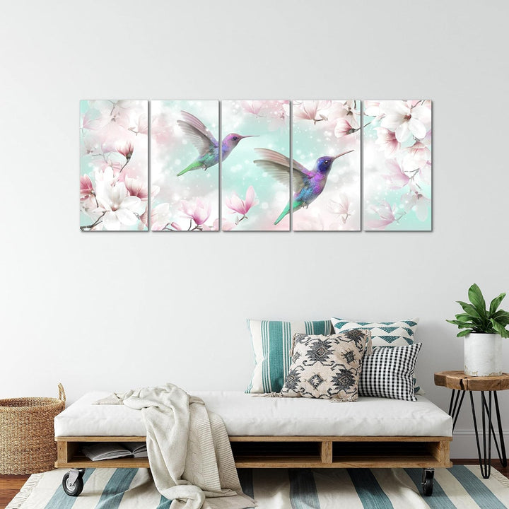 Runa Art Wandbild XXL Blumen Magnolien Wohnzimmer Schlafzimmer 200 x 80 cm Türkis 5 Teilig - Made in