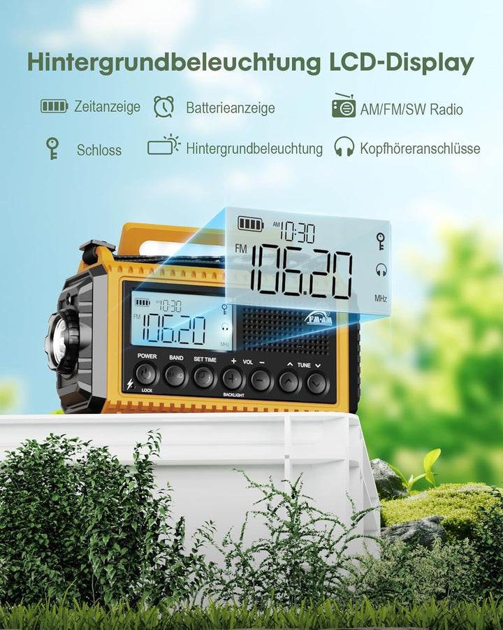 Roxicosly Kurbelradio, Notfallradio mit 12000-mAh Power Bank, AM/FM/SW Baustellenradio, Kurbel & 5-W