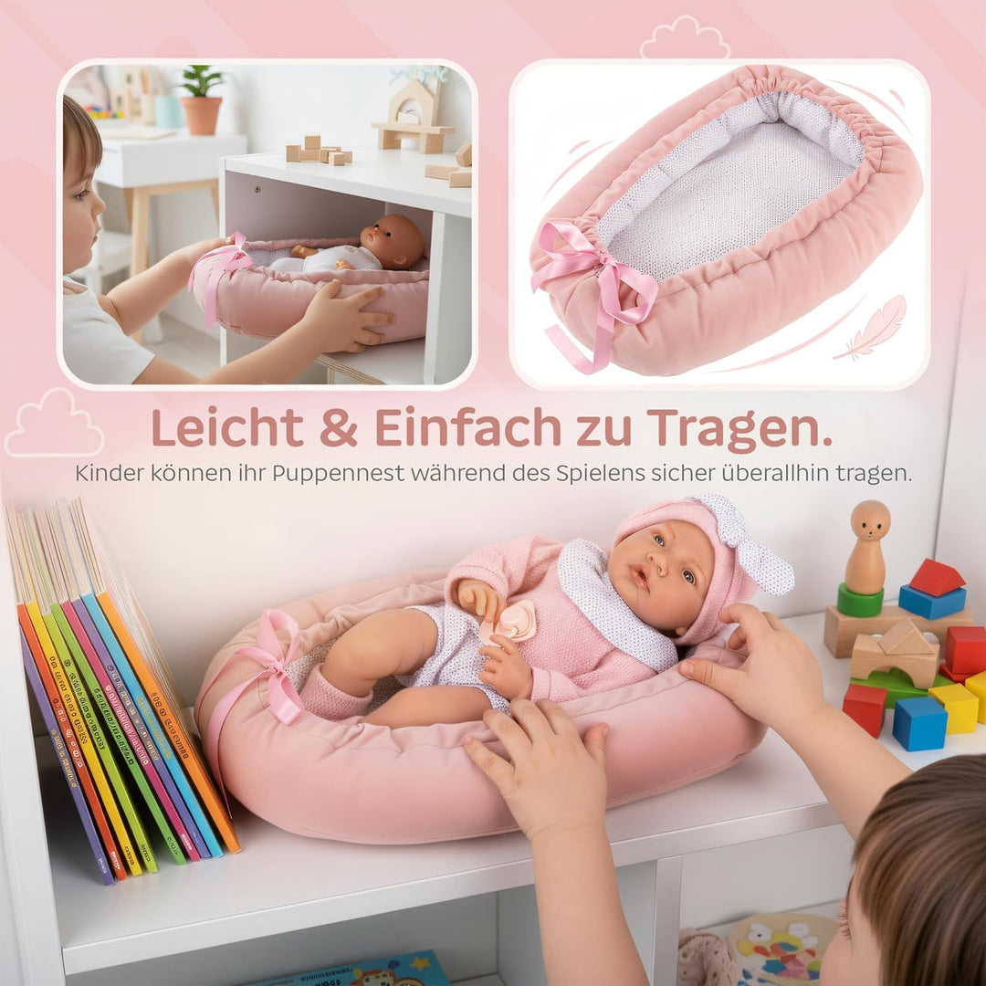 Kinderplay Puppentragetasche 43 cm – weiche Tragetasche für Puppe, wendbar rosa/weiss, Kuschelnest/R