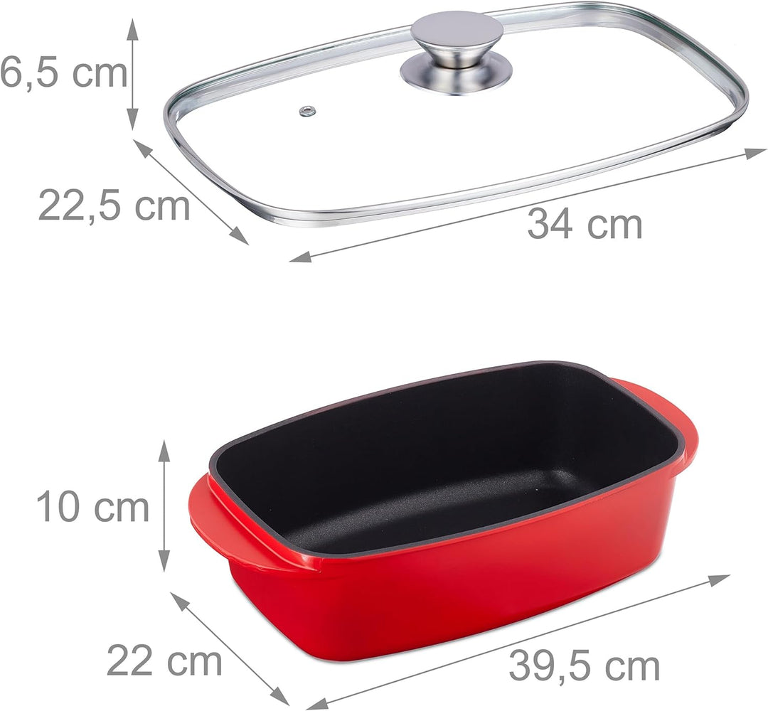 Relaxdays Bräter mit Glasdeckel, Bratentopf 5 Liter, beschichteter Aluminium Universalbräter, Elektr