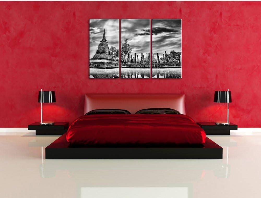 Pixxprint Buddha Tempel im Sonnenuntergang/Format: 3-Teiler (120x80cm) cm/Leinwandbild fertig bespan