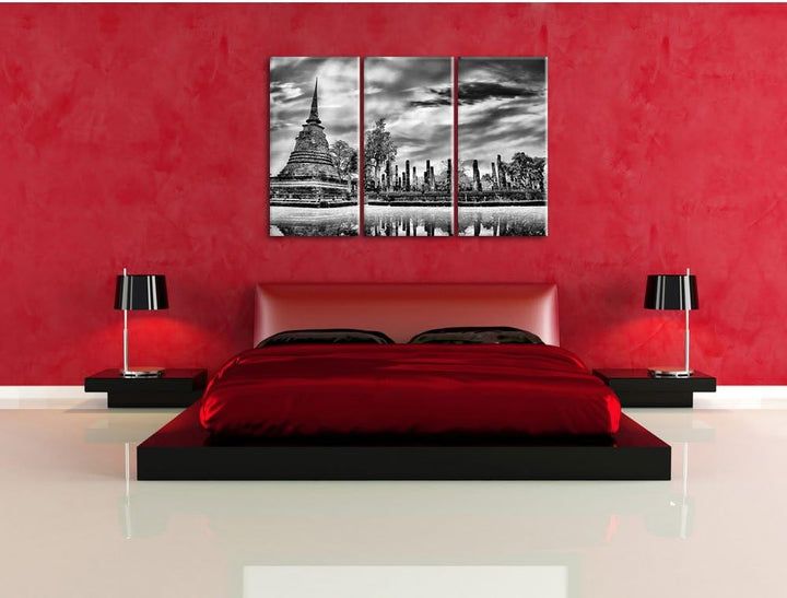 Pixxprint Buddha Tempel im Sonnenuntergang/Format: 3-Teiler (120x80cm) cm/Leinwandbild fertig bespan
