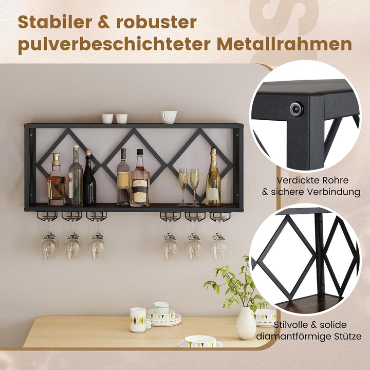 COSTWAY Weinregal Wand mit LED Beleuchtung, 2 Ebenen Flaschenregal Holz mit Metallrahmen, mit 6 Reih