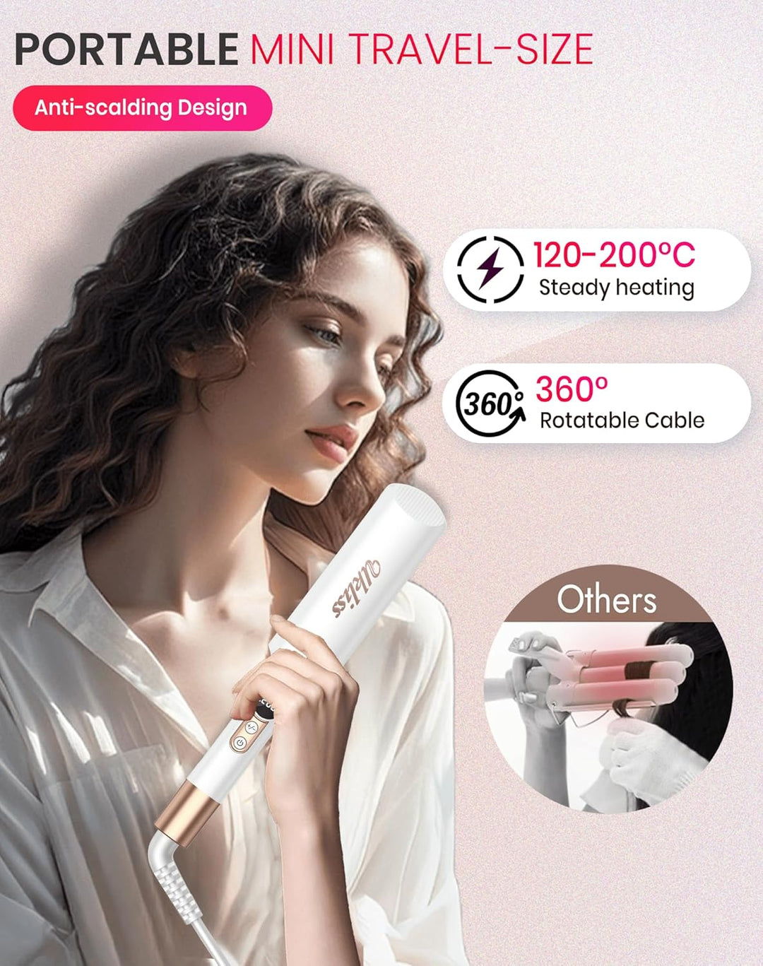 UKLISS Welleneisen - Pro Mini Welleneisen für Haare mit 2 Reiseadaptern, LCD-Anzeige [120-210℃] Beac