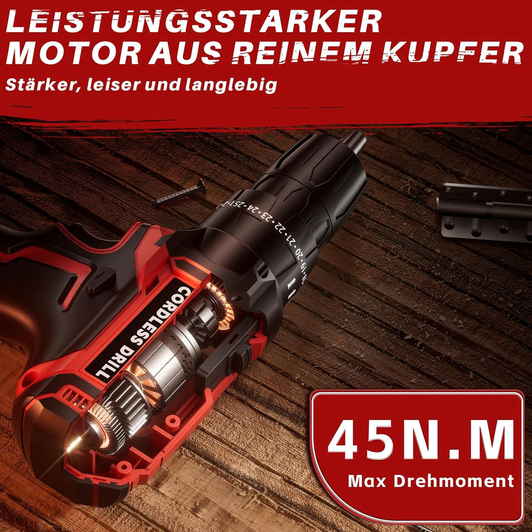 Olubfdh Akkuschrauber, 21V Akku Bohrschrauber 45Nm Drehmoment Max 25+3 Drehmomentstufen (2-Gang &amp; LE