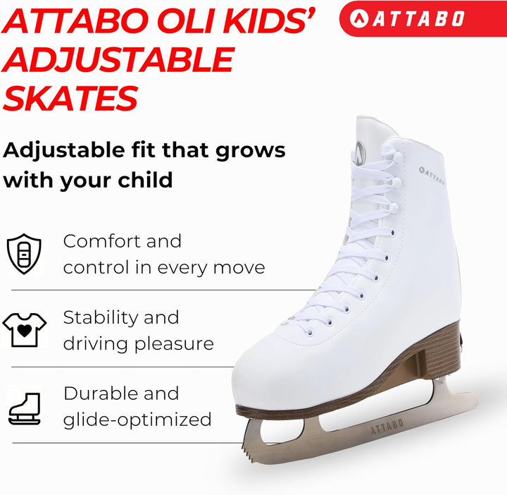 ATTABO OLI Kinder Eiskunstlauf-Schlittschuhe, verstellbar, Weiss – Edelstahl-Figurkufe mit Toe Pick,