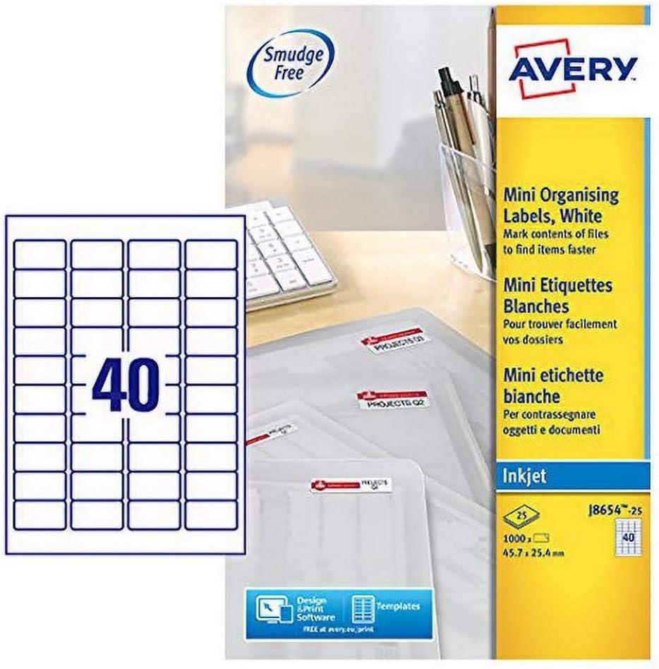 Avery J8654-25 Mini-Etiketten für Tintenstrahldrucker (40 pro Blatt, 45,7 x 25,4 mm) 1000 Etiketten