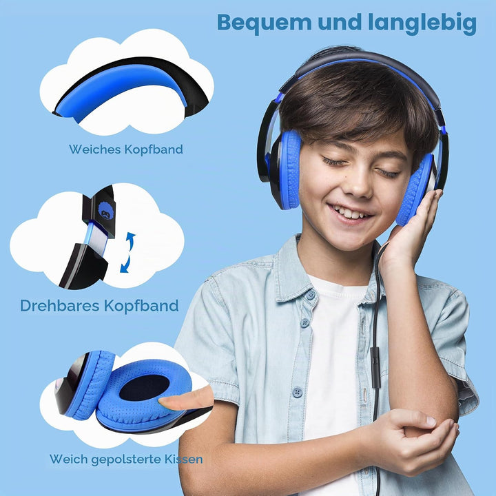 RockPapa Comfort+ Kinder Kopfhörer für Schule Jungen, Kopfhörer Kinder mit Kabel, Einstellbar, 3,5 m