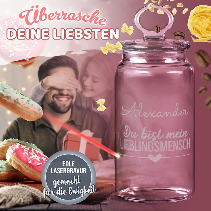 Print Royal PR Personalisierte Keksdose aus Glas mit Gravur - 1100 ml - Lieblingsmensch mit Name als
