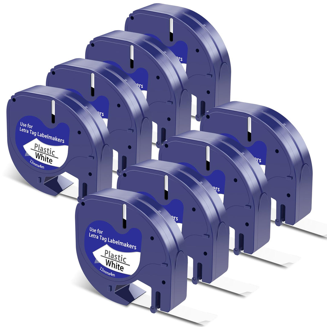 8X Kompatibel mit Dymo Etikettenband Letratag 12mm x 4m, 91201/91221 Schwarz auf Weiss, Kompatible m