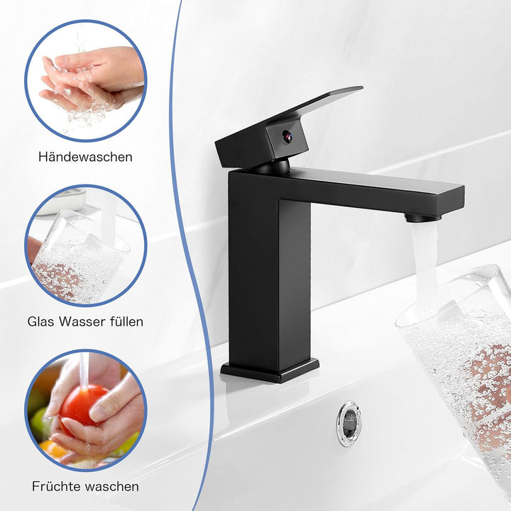 Wasserhahn Bad Schwarz Waschtischarmatur mit Pop-Up Ablaufgarnitur, Wasserhähne Eckig mit Höhe 164mm