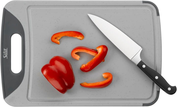 Silit Schneidebrett Kunststoff Set 2-teilig, Küchenbrett mit Saftrille, Aufhänge-/ Tragegriff, 2 Grö