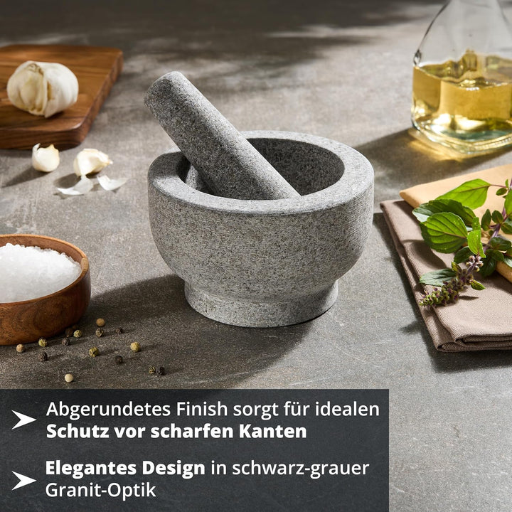 KHG Mörser mit Stössel aus Granit für Gewürze, gross XL mit 2,5 kg rutschfest, polierter Steinmörser